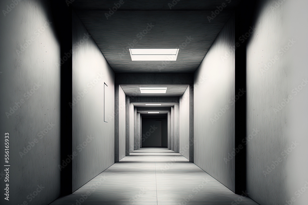 Industrial interior background template abstract vacant, contemporary concrete walls hallway room with indirect ceiling lighting,. Generative AI