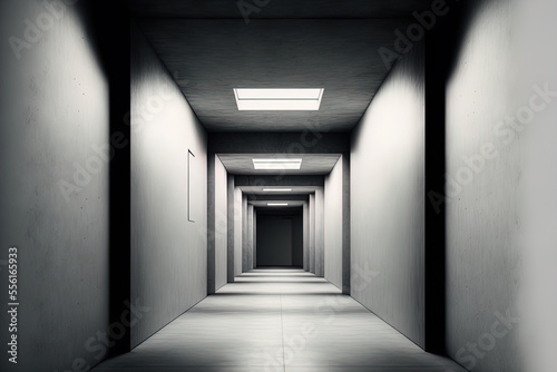 Industrial interior background template abstract vacant, contemporary concrete walls hallway room with indirect ceiling lighting,. Generative AI