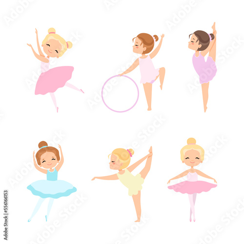 Little Girl Ballerina in Tutu Skirt and Pointe Shoes Dancing Ballet Vector Set