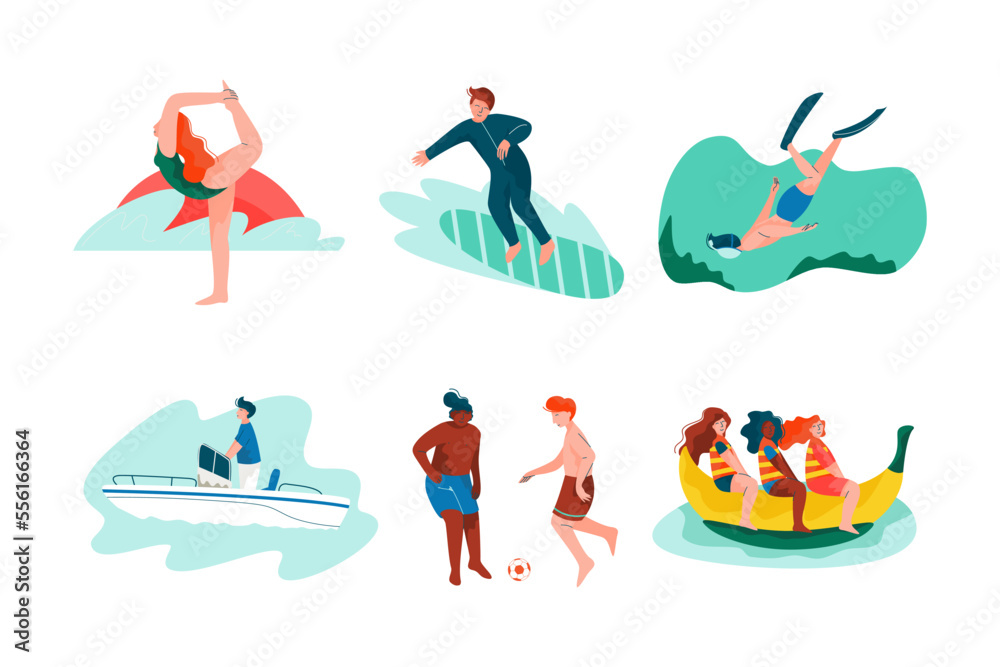 People Characters at Sea Shore and Beach Enjoying Summertime Rest Vector Set People Characters at Sea Shore and Beach Enjoying Summertime Rest Vector Set