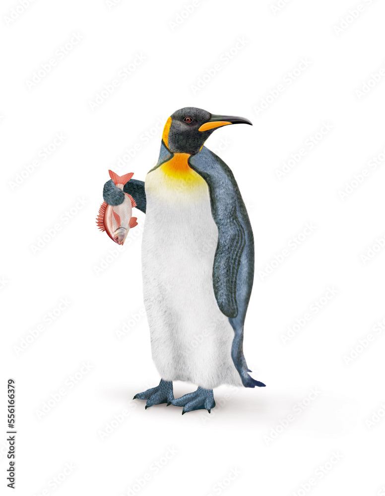 Fototapeta premium manchot, empereur, poisson, dorade rouge, dans la main, demander, antarctique, frigide, neige, faune, illustration, arctique, hiver, blanc, glace, animal, nature