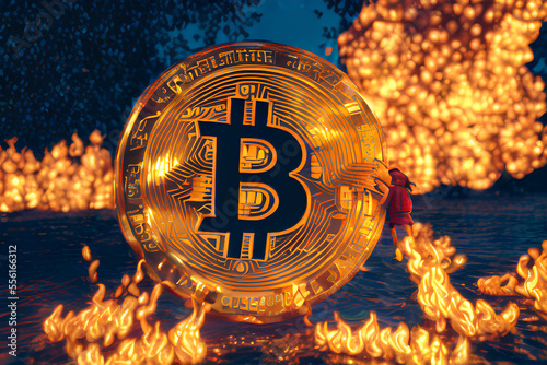pltn style, bitcoin on fire, cute big circular reflective eyes, Pixar render, unreal engine cinematic smooth, intricate detail, Generative AI technology 