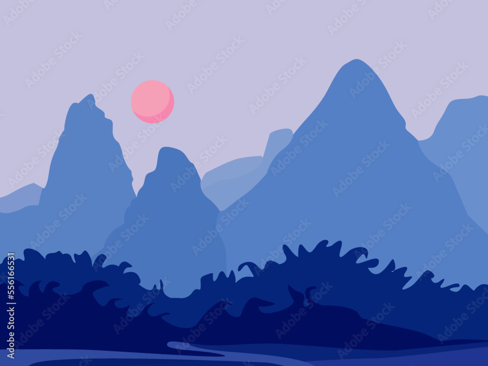 Japanese landscape with mountains at sunset with trees.