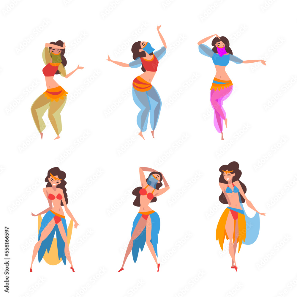 Beautiful Eastern Woman Dancing Belly Dance Vector Set