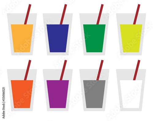 Juice and colorful drink in the glass cup. Vector set of refreshing drink of different colors with red straw. Design isolated on white background