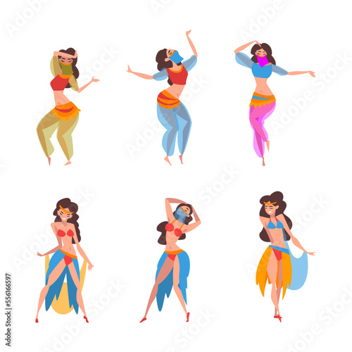 Beautiful Eastern Woman Dancing Belly Dance Vector Set