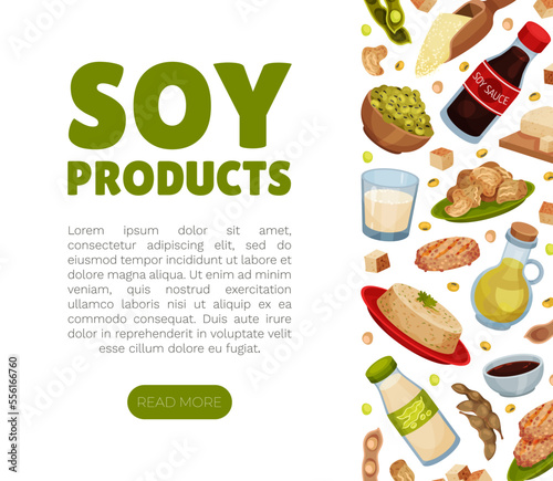 Natural Soy Products Banner Design with Soy Bean, Tofu and Sauce Vector Template
