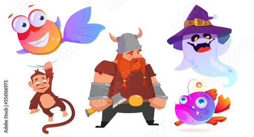 Game Characters with Viking  Monkey  Fish and Ghost Vector Set