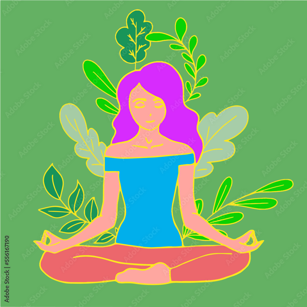 Woman meditating in nature. Conceptual illustration for yoga, meditation, relaxation, rest, healthy living. Vector illustration.