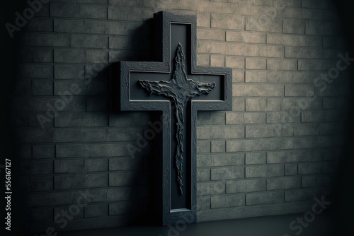 Concept of religion wooden cross on fresh black plastered brick wall. Generative AI