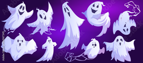 Spooky White Ghost or Spirit of Dead Flying on Blue Background Vector Set