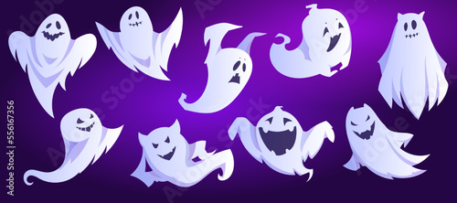 Spooky White Ghost or Spirit of Dead Flying on Blue Background Vector Set