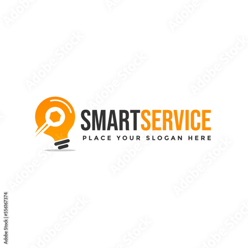 Smart service vector logo template. This design use bulb lamp and wrench symbol. Suitable for repair business.