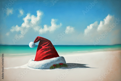 On the sand, a Santa hat. holiday in the tropics. a tropical beach trip for the new year. Generative AI