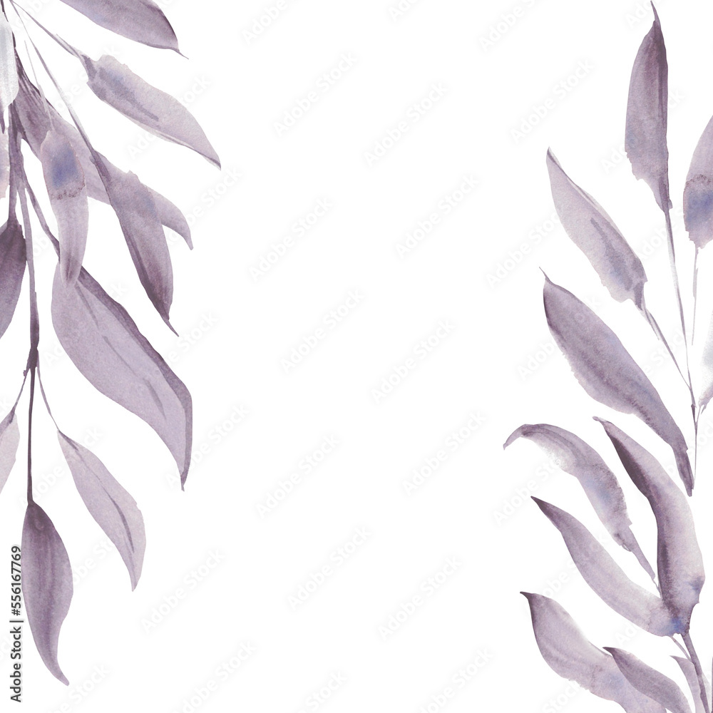 Fototapeta premium Frame. Watercolor purple leaves. A set elements on a white background.