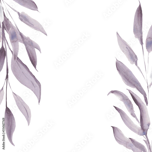Frame. Watercolor purple leaves. A set elements on a white background. © Irina
