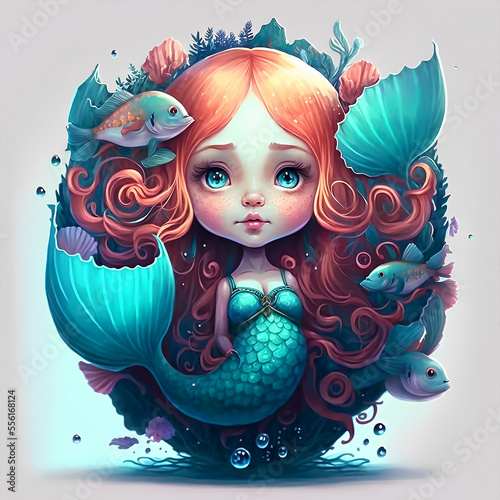  Illustration of a beautiful redhead mermaid girl portrait with blue fish tail. Corals and seaweeds in the background. Generative AI illustration of a fictional woman photo