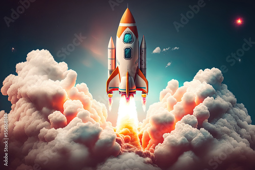 Space rocket flying toward the clouds believable rocket icon Having a successful company concept is a challenge. launching a fresh project start up concept. Generative AI photo
