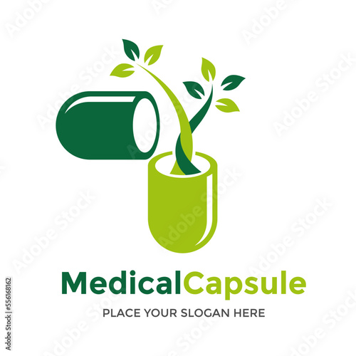 Capsule pharmacy medical logo template vector. Logo with tree, nature or leaf with blue and green color. This logo is suitable for health business, doctor, hospital, cross symbol.