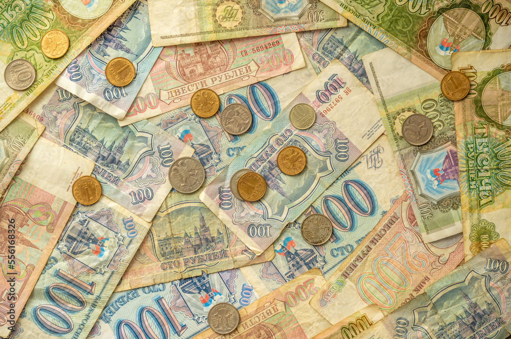 Background image of old rubles from the Yelstin period following the collapse fo the Soviet Union.