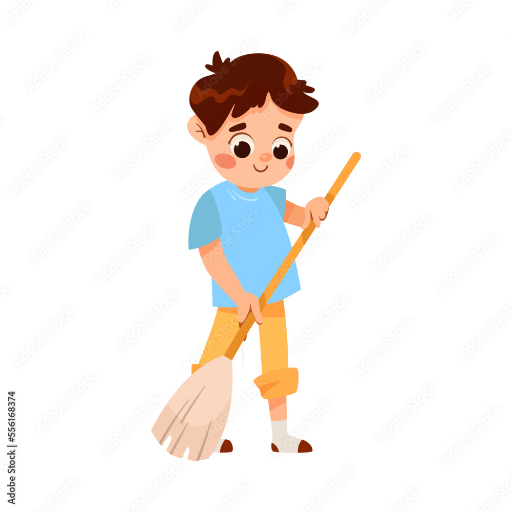Little Boy Cleaning Sweeping the Floor with Broom Vector Illustration Little Boy Cleaning Sweeping the Floor with Broom Vector Illustration
