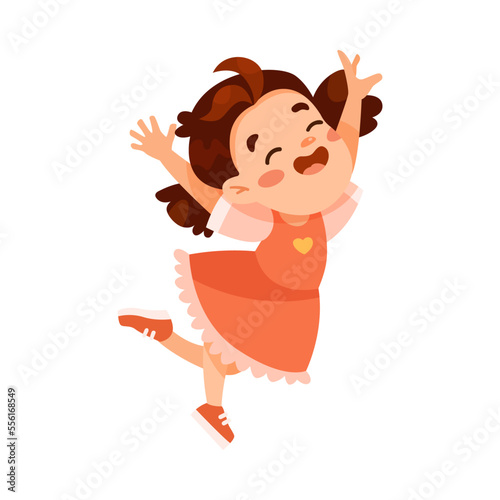 Funny Little Girl in Red Dress Expressing Emotion of Happiness Vector Illustration