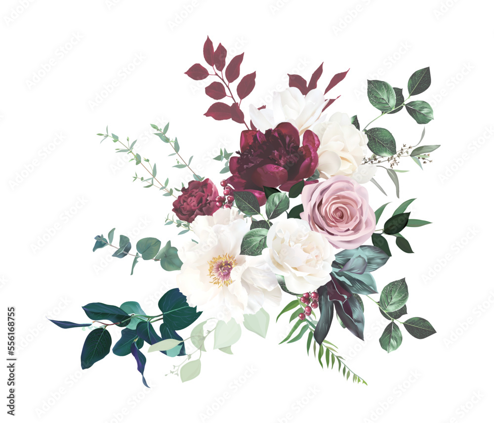 Blush pink rose, burgundy red peony, ranunculus, ivory white magnolia flowers vector design bouquet