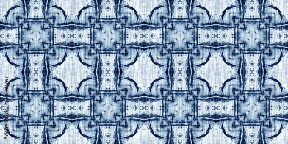 Indigo dye wash coastal damask seamless border pattern. Washed out geometric dip dyed blur effect edging. Nautical and marine ocean blue masculine endless tape background with linen texture trim. Indigo dye wash coastal damask seamless border pattern. Washed out geometric dip dyed blur effect edging. Nautical and marine ocean blue masculine endless tape background with linen texture trim.