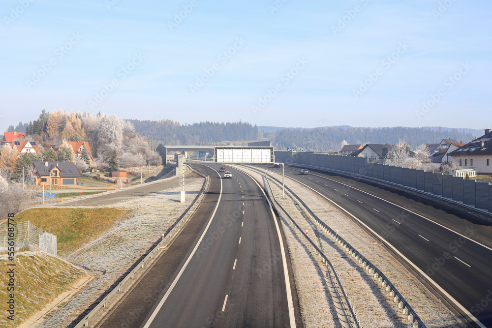RABKA ZDROJ, POLAND - NOVEMBER 30, 2022: The Zakopianka road near Rabka Zdroj city, Poland.