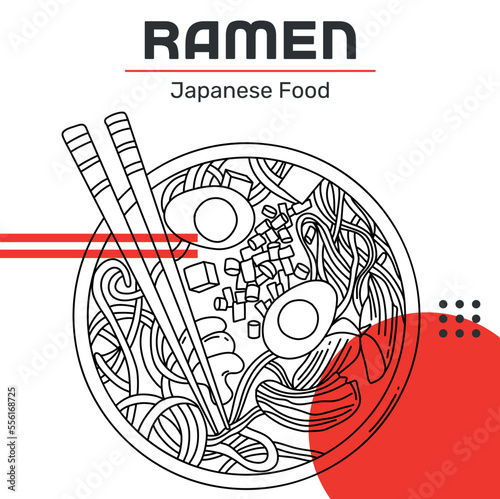 Illustration Asian noodle soup, ramen with chicken, shrimp, and tofu, vegetables, and egg in a bowl. Sketch. Line illustration of Japanese cuisine. Banner's design