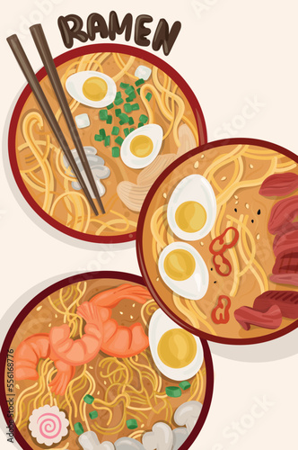 Ramens with noodles, green onion, egg, and chicken, shrimp, beef. Asian food. Doodle cartoon illustration for menu, and banner.  photo