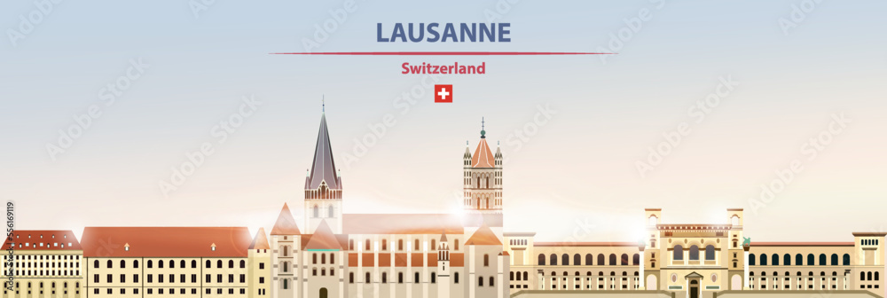 Lausanne cityscape on sunrise sky background with bright sunshine. Vector illustration