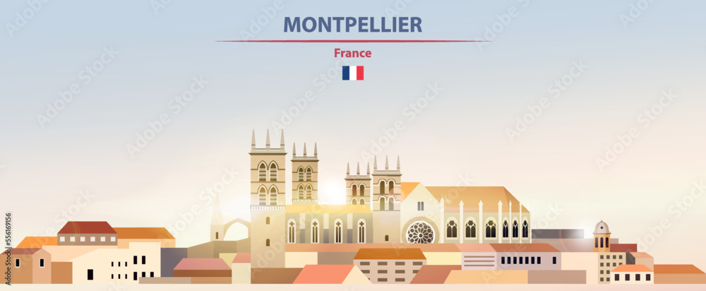 Montpellier cityscape on sunrise sky background with bright sunshine. Vector illustration