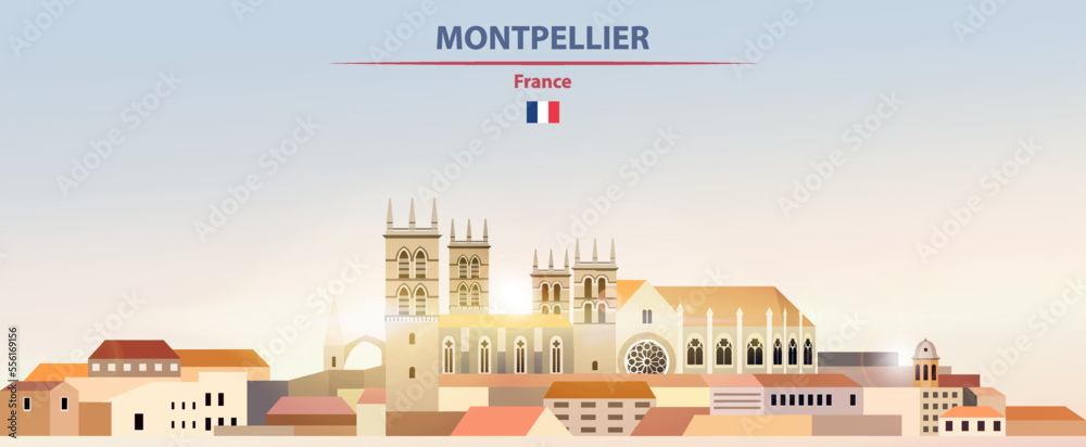 Obraz premium Montpellier cityscape on sunrise sky background with bright sunshine. Vector illustration