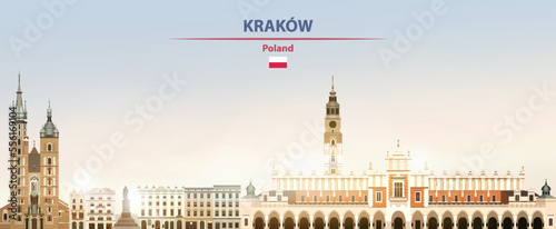 Krakow cityscape on sunrise sky background with bright sunshine. Vector illustration
