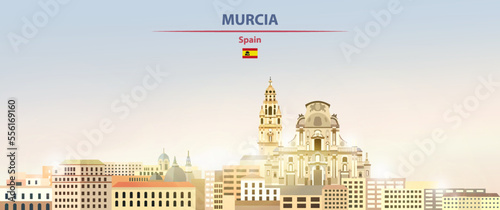 Murcia cityscape on sunrise sky background with bright sunshine. Vector illustration