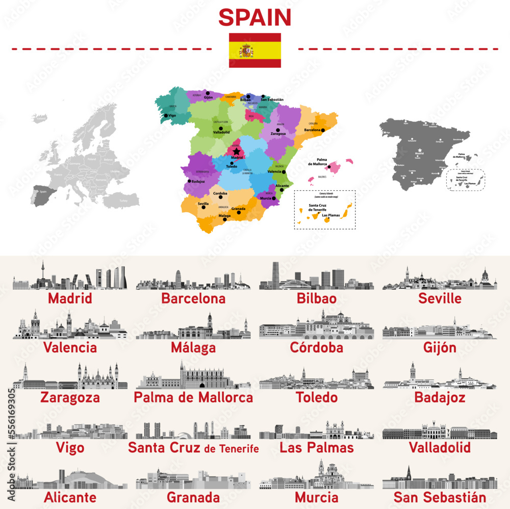 Spain map with main cities on it. Spanish cities skylines illustrations in black and white color palette. Vector set - obrazy, fototapety, plakaty 