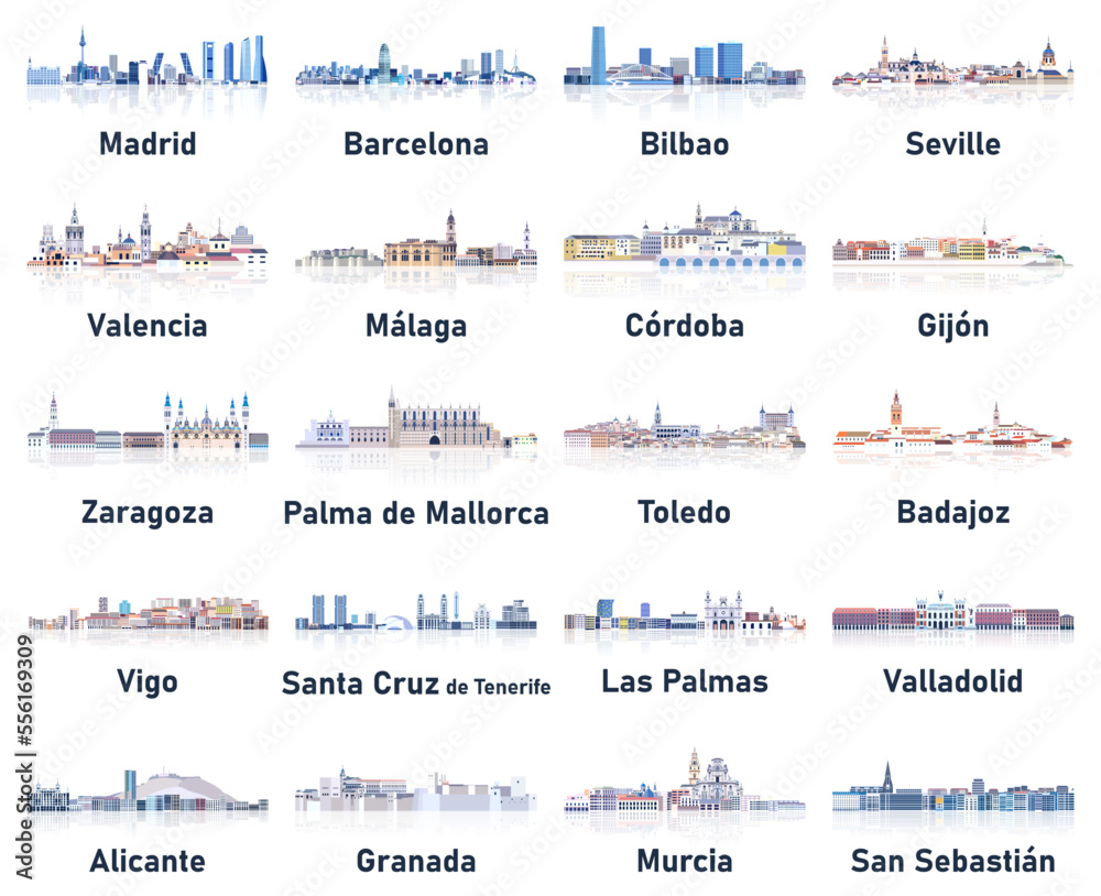 Spain cities skylines in soft cold tones color palette vector set. Crystal aesthetics style