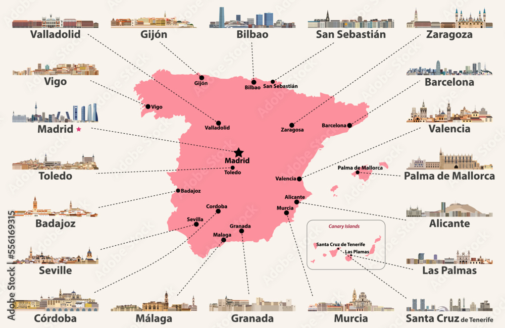 Obraz premium Spain map with main cities skylines. Vector illustration