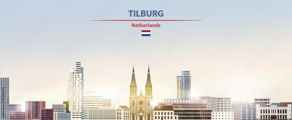 Tilburg cityscape on sunrise sky background with bright sunshine. Vector illustration
