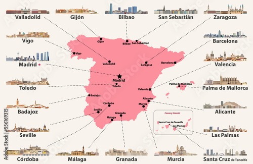 Spain map with main cities skylines. Vector illustration