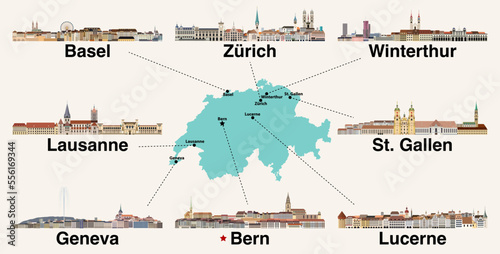 Switzerland map with main cities skylines. Vector illustration