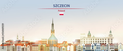 Szczecin cityscape on sunrise sky background with bright sunshine. Vector illustration