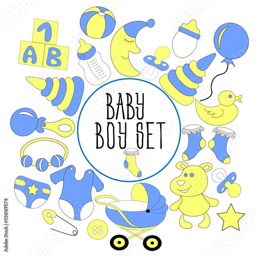 set of cute baby badges for newborns. The birth of boy. The first details of the children's wardrobe for boys, items and accessories for newborns, clothes, toys.