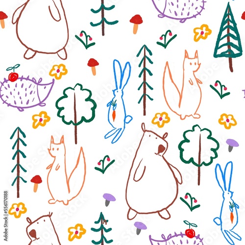 Forest animals seamless pattern. Hedgehog, bear, bear, squirrel, rabbit. For kids repeated texture
