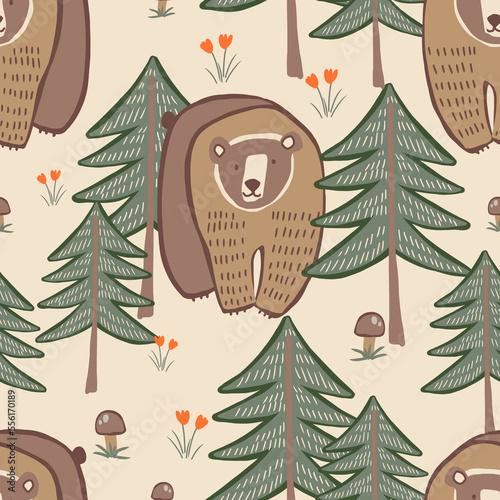 Bear in the forest seamless pattern. Fur trees, mushrooms, flower. For kids repeated texture.