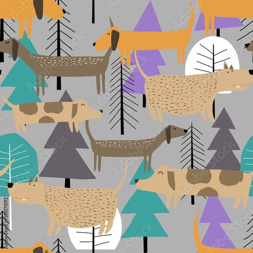 Dogs in the park seamless pattern. Puppies in the forest. For kids cute repeated texture. 