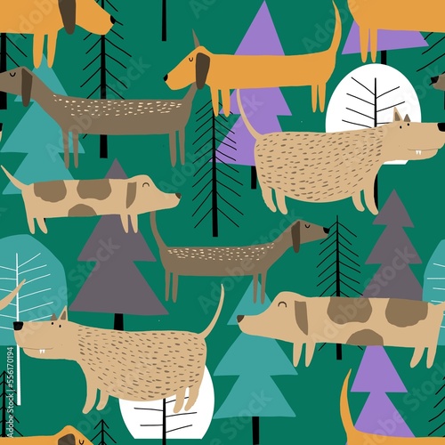 Dogs in the park seamless pattern. Puppies in the forest. For kids cute repeated texture. 