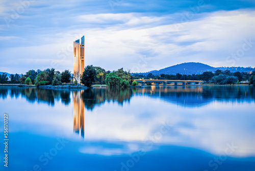 Gorgeous cityscape of the National Carillon at sunset over Lake Burley Griffin, Canberra, Australia