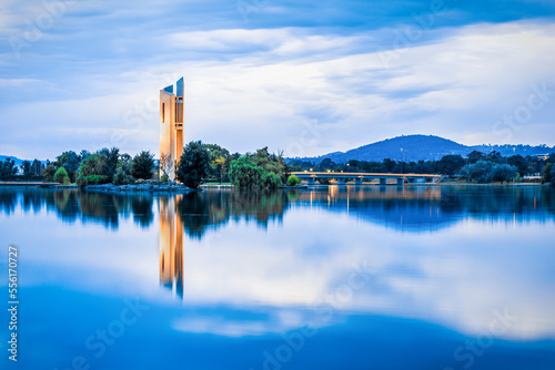 Gorgeous cityscape of the National Carillon at sunset over Lake Burley Griffin, Canberra, Australia photo